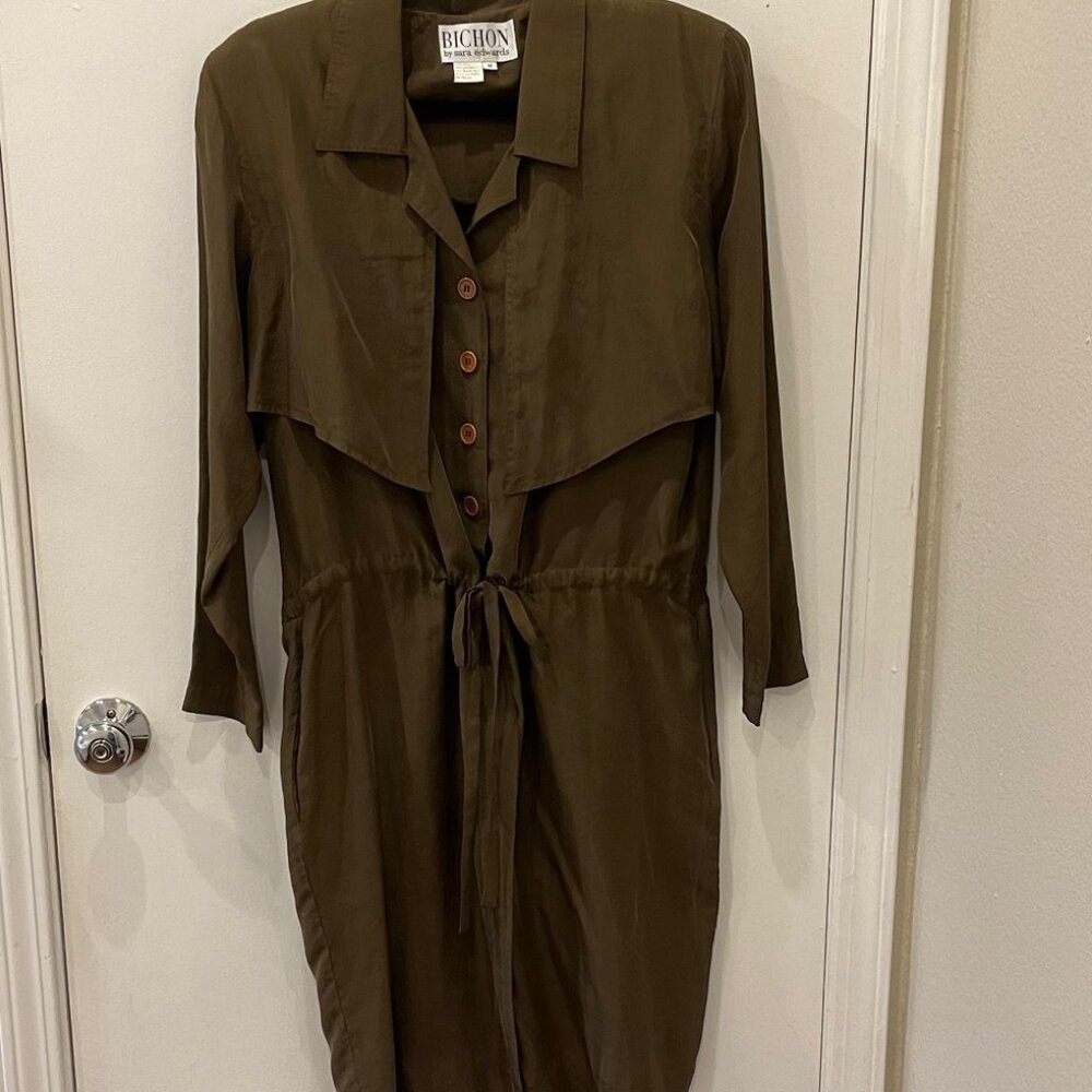 1980's Viintage Silk Olive Green Dress